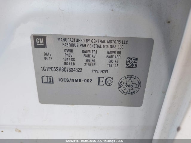 12602115 :رقم المزاد ، 1G1PC5SH8C7334822 vin ، 2012 Chevrolet Cruze Ls مزاد بيع