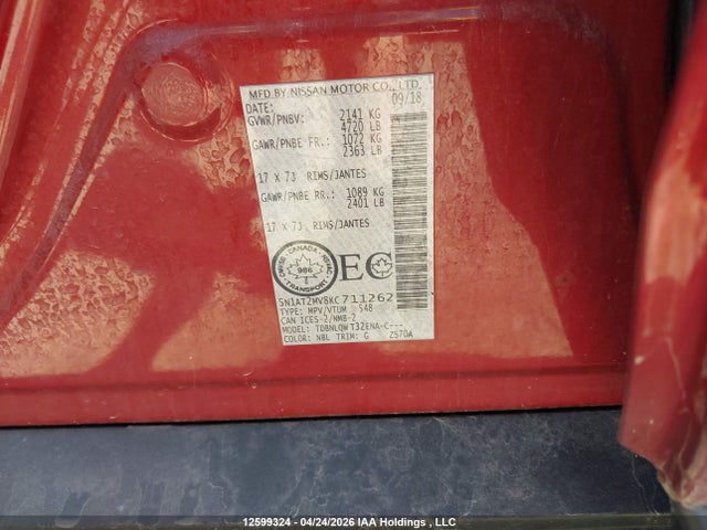 5N1AT2MV8KC711262 Nissan Rogue S/sl/sv