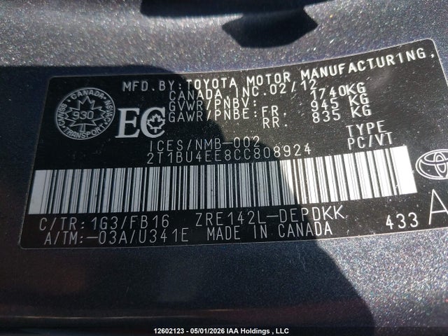 12602123 :رقم المزاد ، 2T1BU4EE8CC808924 vin ، 2012 Toyota Corolla Ce مزاد بيع