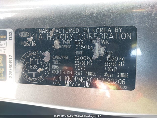 12602127 :رقم المزاد ، KNDPMCAC3H7133206 vin ، 2017 Kia Sportage Lx مزاد بيع