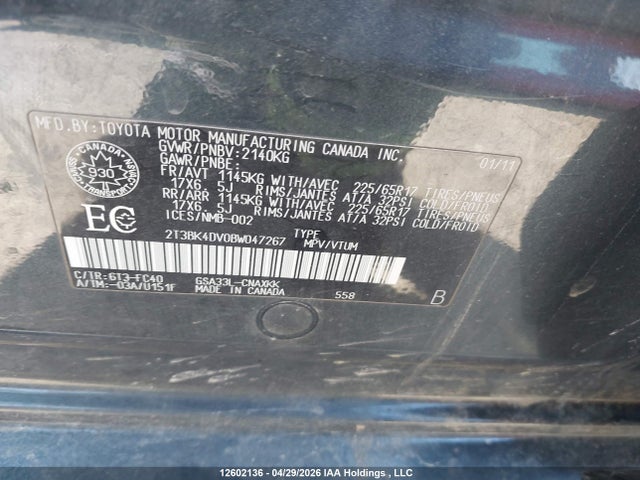 12602136 :رقم المزاد ، 2T3BK4DV0BW047267 vin ، 2011 Toyota Rav4 مزاد بيع