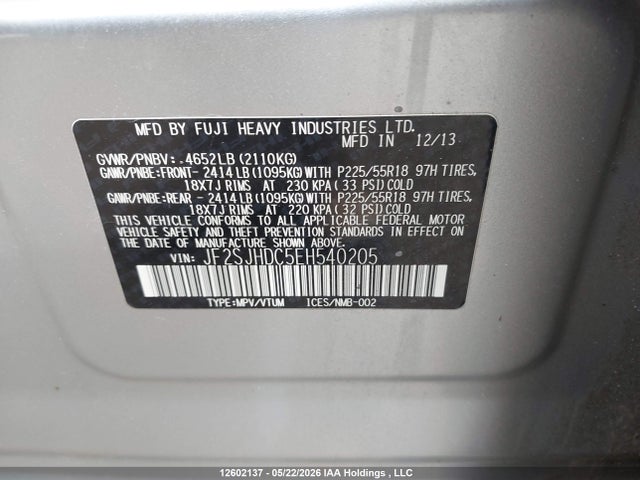 12602137 :رقم المزاد ، JF2SJHDC5EH540205 vin ، 2014 Subaru Forester مزاد بيع