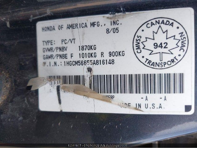 Продаж на аукціоні авто 2005 Honda Accord Ex-l, vin: 1HGCM56655A816148, номер лоту: 12602139