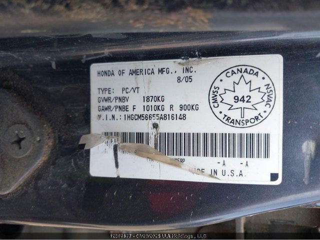 Продаж на аукціоні авто 2005 Honda Accord Ex-l, vin: 1HGCM56655A816148, номер лоту: 12602139