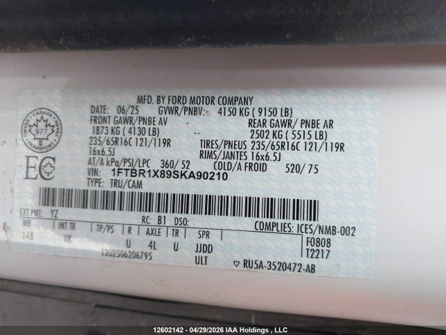 Продажа на аукционе авто 2025 Ford Transit T-250, vin: 1FTBR1X89SKA90210, номер лота: 12602142