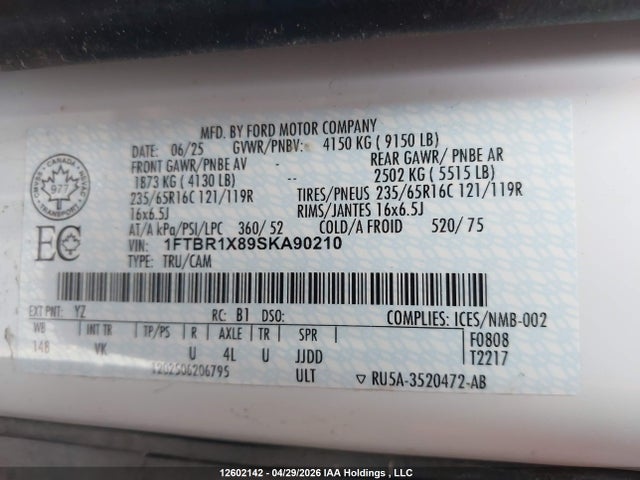 Продажа на аукционе авто 2025 Ford Transit T-250, vin: 1FTBR1X89SKA90210, номер лота: 12602142