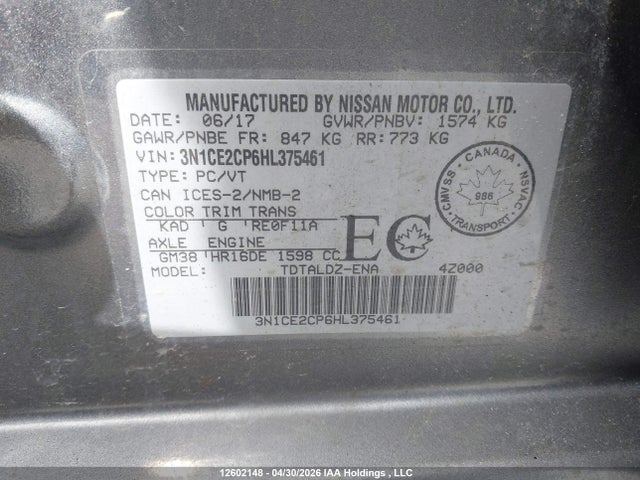 2017 Nissan Versa Note 1.6 S/1.6 Sl/1.6 Sr/1.6 Sv მანქანა იყიდება აუქციონზე, vin: 3N1CE2CP6HL375461, აუქციონის ნომერი: 12602148