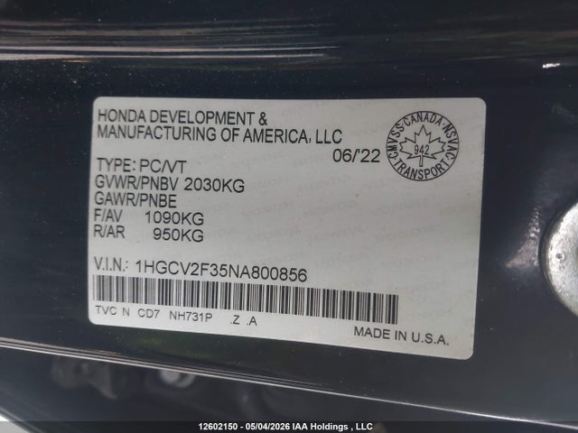 1HGCV2F35NA800856 Honda Accord Sport