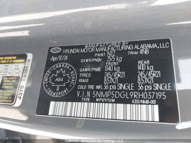 5NMP5DGL9RH037195 Hyundai Santa Fe