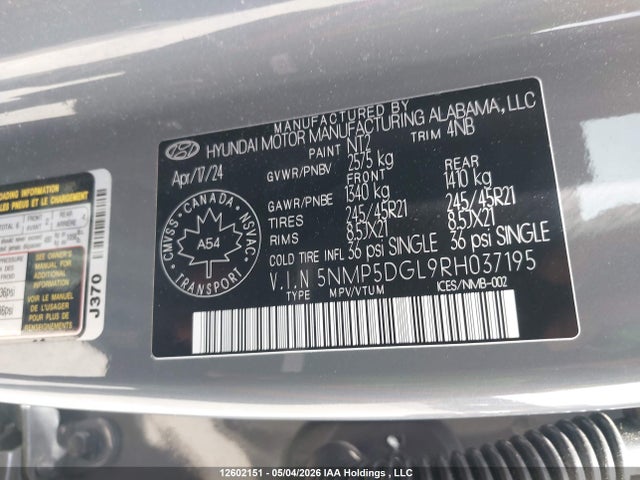5NMP5DGL9RH037195 Hyundai Santa Fe