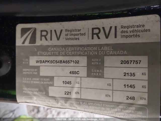 12602154 :رقم المزاد ، WBAPK5C54BA657102 vin ، 2011 Bmw 3 Series مزاد بيع