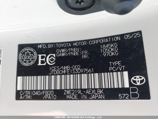 Продаж на аукціоні авто 2025 Toyota Corolla Hybrid, vin: JTDBCMFE1S3097561, номер лоту: 12602156
