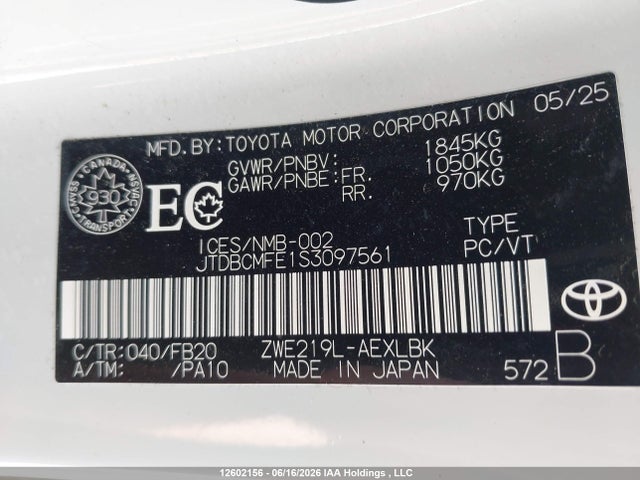 Продаж на аукціоні авто 2025 Toyota Corolla Hybrid, vin: JTDBCMFE1S3097561, номер лоту: 12602156