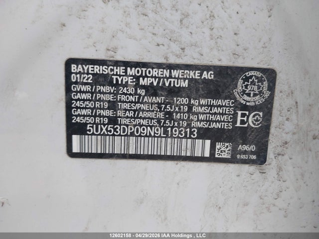 Aukcja sprzedaży 2022 Bmw X3 Xdrive30i, vin: 5UX53DP09N9L19313, numer aukcji: 12602158