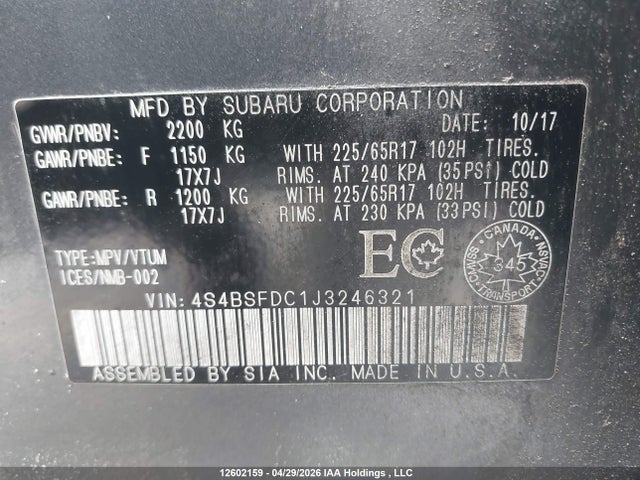 4S4BSFDC1J3246321 Subaru Outback 3.6r Premium
