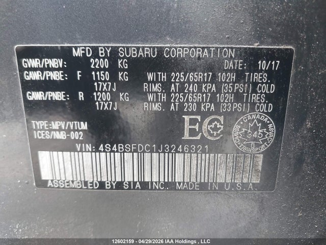 4S4BSFDC1J3246321 Subaru Outback 3.6r Premium