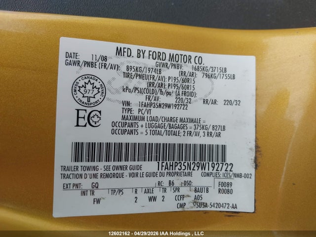 Aukcja sprzedaży 2009 Ford Focus Se, vin: 1FAHP35N29W192722, numer aukcji: 12602162
