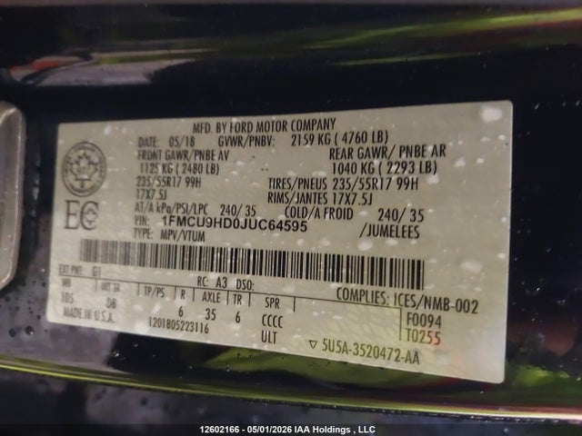 Aukcja sprzedaży 2018 Ford Escape Sel, vin: 1FMCU9HD0JUC64595, numer aukcji: 12602166