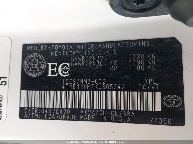 4T1B11HK7KU805342 Toyota Camry L/le/xle/se/xse