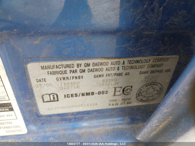 Aukcja sprzedaży 2006 Chevrolet Aveo 5 Lt, vin: KL1TG69656B514434, numer aukcji: 12602177