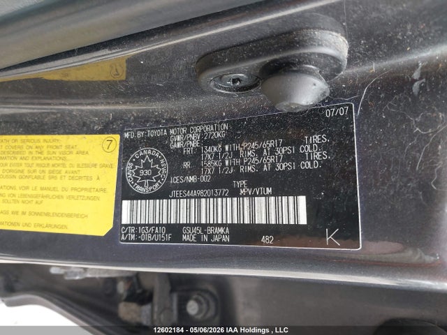 Aukcja sprzedaży 2008 Toyota Highlander V6 Sr5, vin: JTEES44A982013772, numer aukcji: 12602184