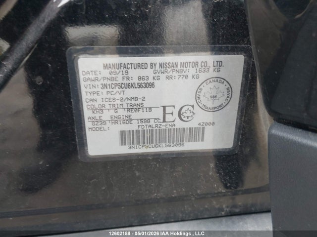 3N1CP5CU6KL563096 Nissan Kicks S/sr/sv