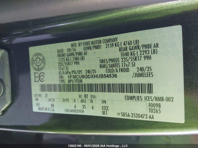 Продажа на аукционе авто 2017 Ford Escape, vin: 1FMCU9GDXHUB54536, номер лота: 12602190