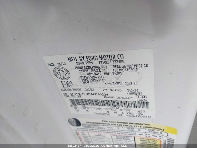 Продажа на аукционе авто 2010 Ford F-150 Fx4, vin: 1FTFW1EV0AFC86224, номер лота: 12602197