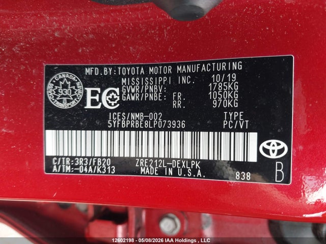 12602198 :رقم المزاد ، 5YFBPRBE8LP073936 vin ، 2020 Toyota Corolla Le مزاد بيع