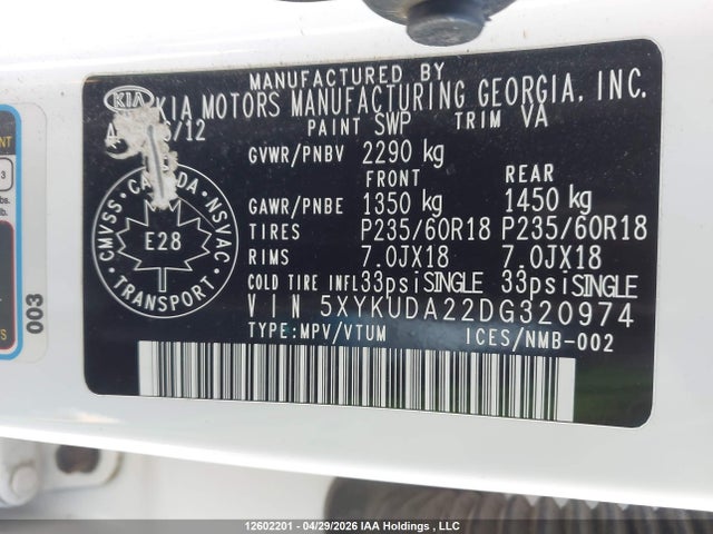 Продажа на аукционе авто 2013 Kia Sorento Ex, vin: 5XYKUDA22DG320974, номер лота: 12602201