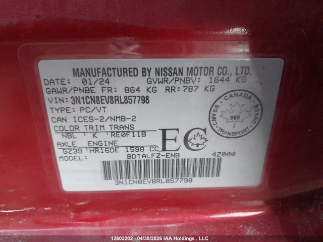 3N1CN8EV8RL857798 Nissan VERSA SV