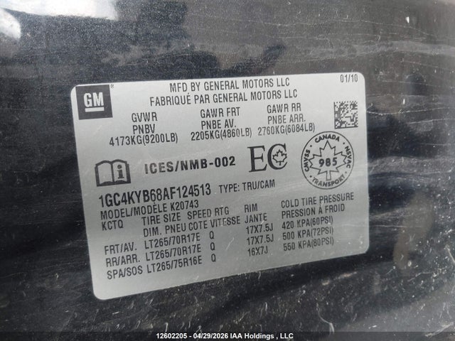 2010 Chevrolet Silverado 2500hd Ltz მანქანა იყიდება აუქციონზე, vin: 1GC4KYB68AF124513, აუქციონის ნომერი: 12602205