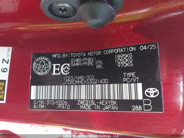 12602209 :رقم المزاد ، JTDBDMHEXS3021430 vin ، 2025 Toyota Corolla Hybrid مزاد بيع