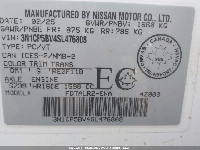 2025 Nissan Kicks Play S მანქანა იყიდება აუქციონზე, vin: 3N1CP5BV4SL476808, აუქციონის ნომერი: 12602211