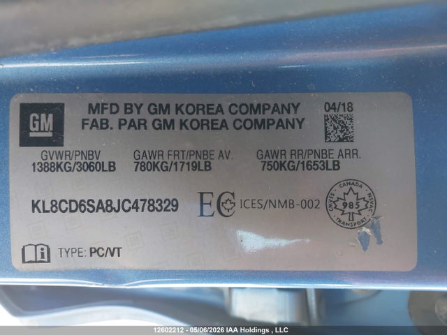 12602212 :رقم المزاد ، KL8CD6SA8JC478329 vin ، 2018 Chevrolet Spark 1lt Cvt مزاد بيع