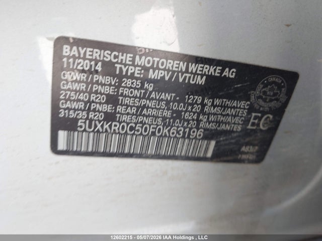 Продаж на аукціоні авто 2015 Bmw X5 Xdrive35i, vin: 5UXKR0C50F0K63196, номер лоту: 12602215