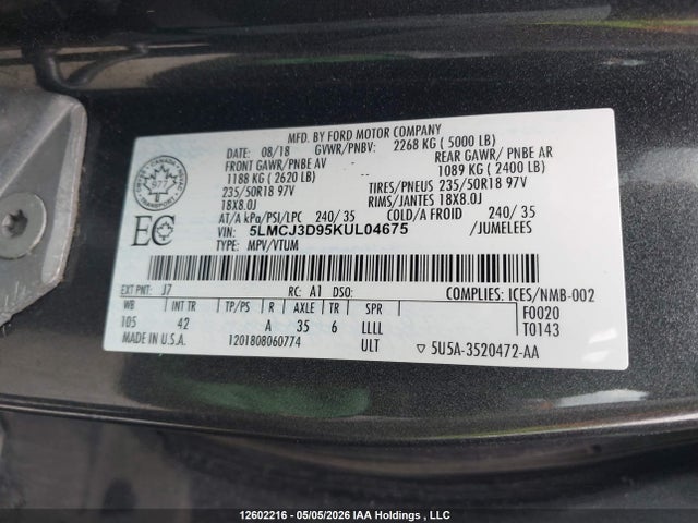 Aukcja sprzedaży 2019 Lincoln Mkc Reserve, vin: 5LMCJ3D95KUL04675, numer aukcji: 12602216