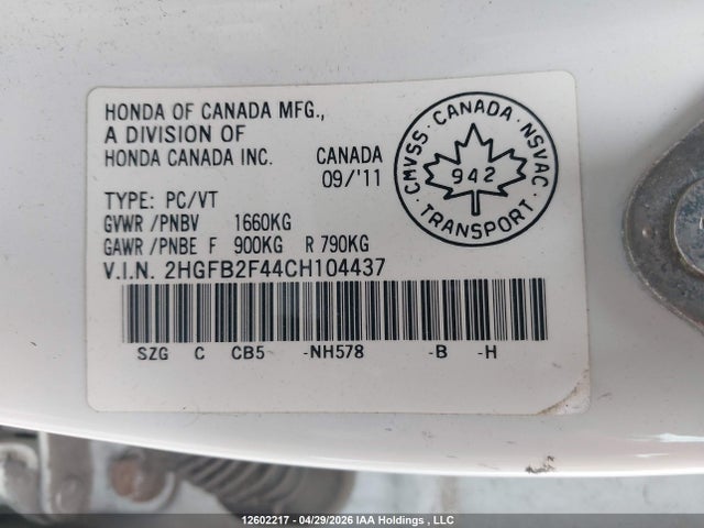 2012 Honda Civic Lx მანქანა იყიდება აუქციონზე, vin: 2HGFB2F44CH104437, აუქციონის ნომერი: 12602217