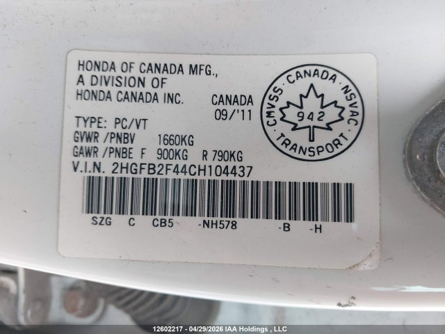 2012 Honda Civic Lx მანქანა იყიდება აუქციონზე, vin: 2HGFB2F44CH104437, აუქციონის ნომერი: 12602217