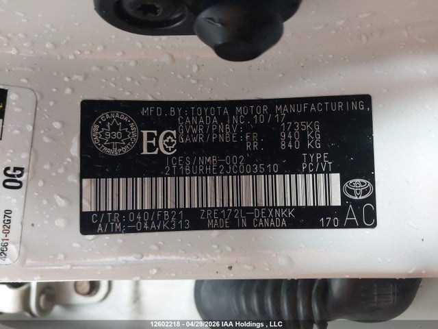 2018 Toyota Corolla Le მანქანა იყიდება აუქციონზე, vin: 2T1BURHE2JC003510, აუქციონის ნომერი: 12602218