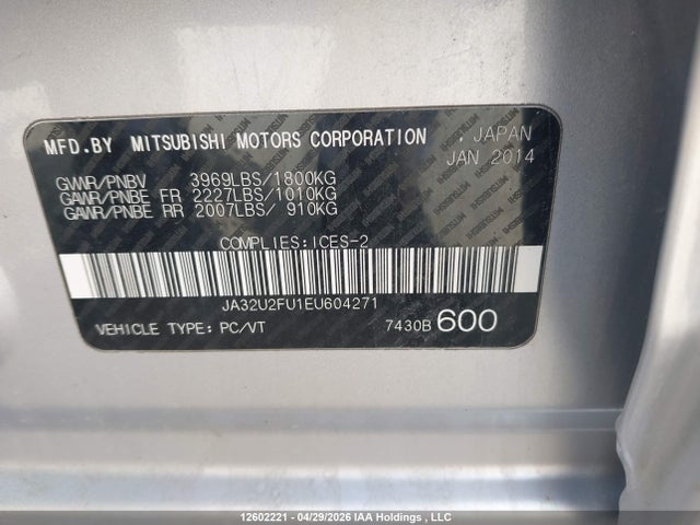 Aukcja sprzedaży 2014 Mitsubishi Lancer Es/es Sport, vin: JA32U2FU1EU604271, numer aukcji: 12602221