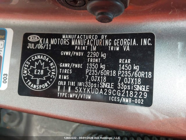 2012 Kia Sorento Ex მანქანა იყიდება აუქციონზე, vin: 5XYKUDA29CG218229, აუქციონის ნომერი: 12602222