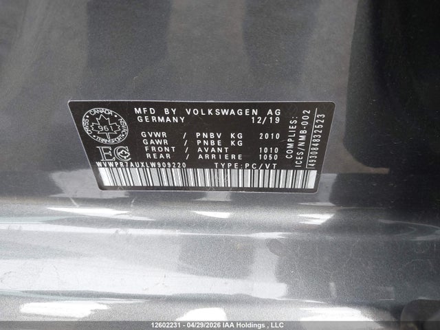 2020 Volkswagen E-golf Comfortline მანქანა იყიდება აუქციონზე, vin: WVWPR7AUXLW909220, აუქციონის ნომერი: 12602231