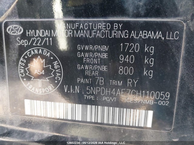 2012 Hyundai Elantra Gls/limited მანქანა იყიდება აუქციონზე, vin: 5NPDH4AE7CH110059, აუქციონის ნომერი: 12602234