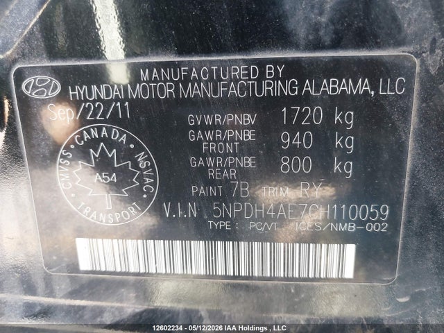 2012 Hyundai Elantra Gls/limited მანქანა იყიდება აუქციონზე, vin: 5NPDH4AE7CH110059, აუქციონის ნომერი: 12602234