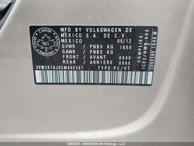 Aukcja sprzedaży 2012 Volkswagen Jetta, vin: 3VW2K7AJ0CM460387, numer aukcji: 12602236