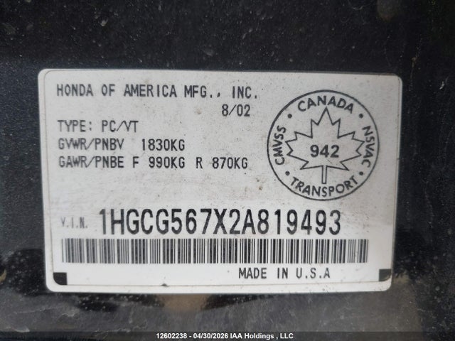Продаж на аукціоні авто 2002 Honda Accord Se, vin: 1HGCG567X2A819493, номер лоту: 12602238