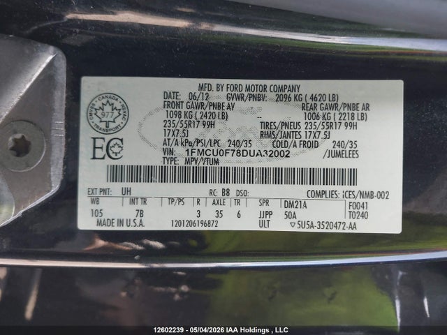 2013 Ford Escape მანქანა იყიდება აუქციონზე, vin: 1FMCU0F78DUA32002, აუქციონის ნომერი: 12602239