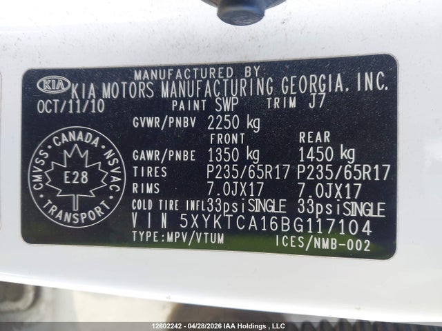 2011 Kia Sorento Lx მანქანა იყიდება აუქციონზე, vin: 5XYKTCA16BG117104, აუქციონის ნომერი: 12602242