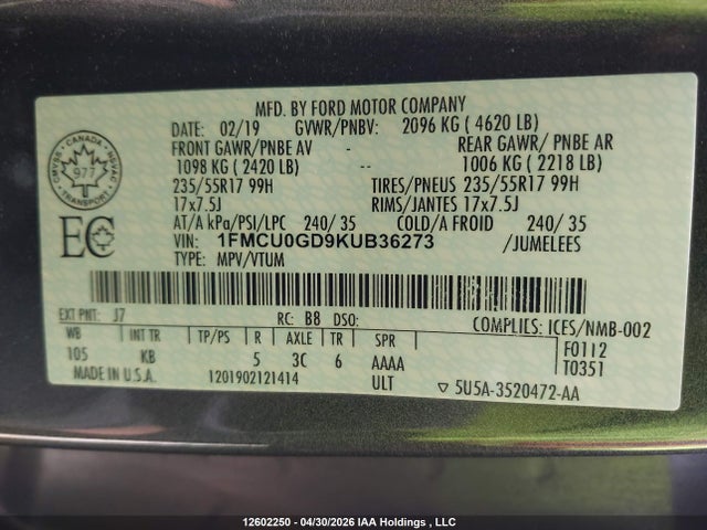 1FMCU0GD9KUB36273 Ford ESCAPE SE